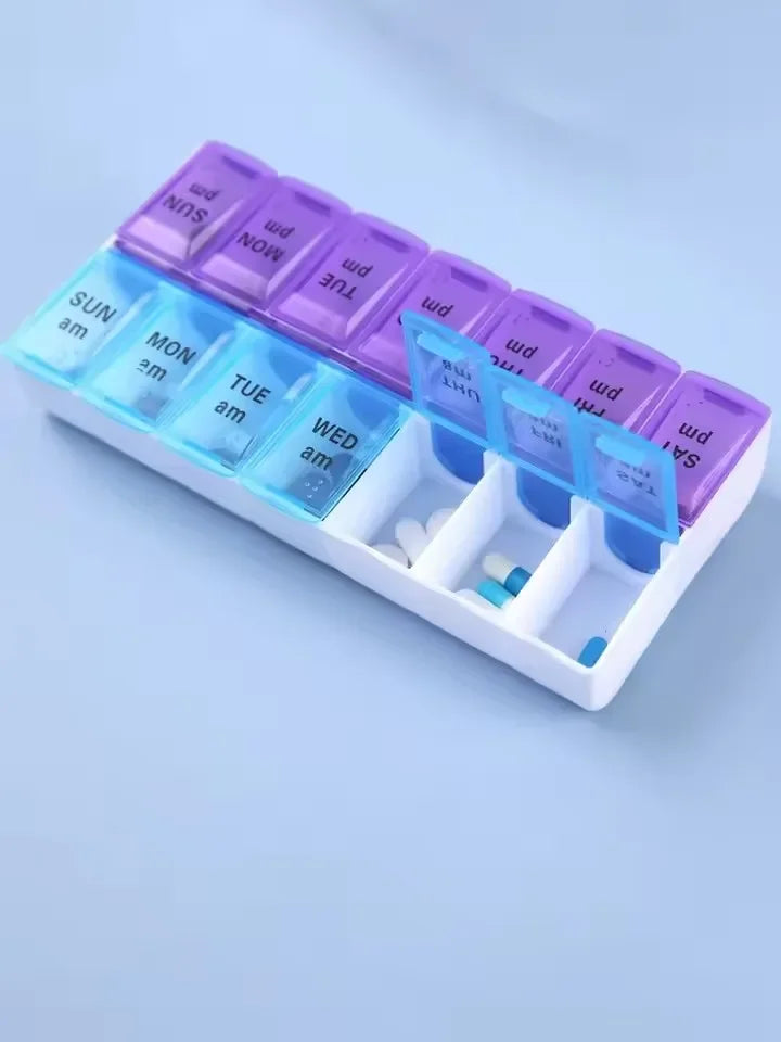Weekly Pill Organizer Box – 7 Day Portable Travel Medicine Case with 14 Compartments for Pills, Vitamins & Supplements