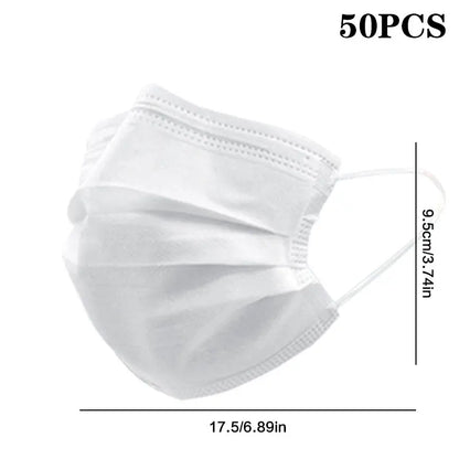 50PCS Disposable Face Masks – 3-Layer Non-Woven Breathable Masks with Soft Ear Loops | Black, Blue, White, Pink Color Options