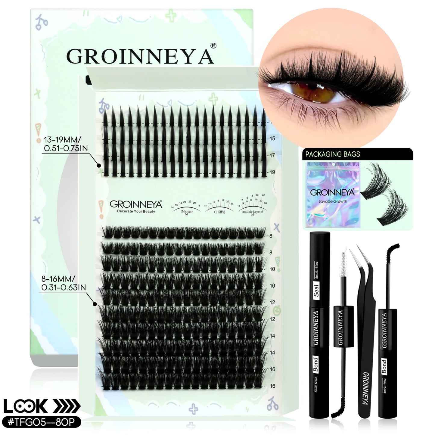 GROINNEYA Lash Clusters Kit – Spiky D-Curl Individual Lash Extensions with Bond & Seal for DIY Eyelash Application