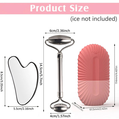 Stainless Steel Ice Face Roller & Gua Sha Set – Facial Massage & Skincare Tool Kit