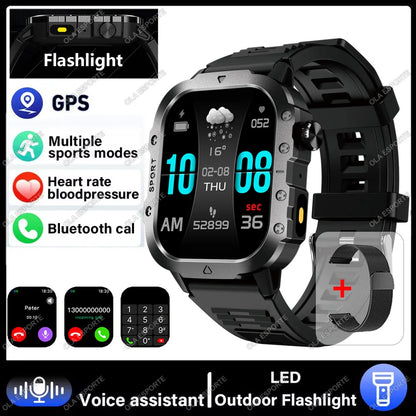 Military Smart Watch Bluetooth Call GPS Flashlight 100+ Sports Android iPhone