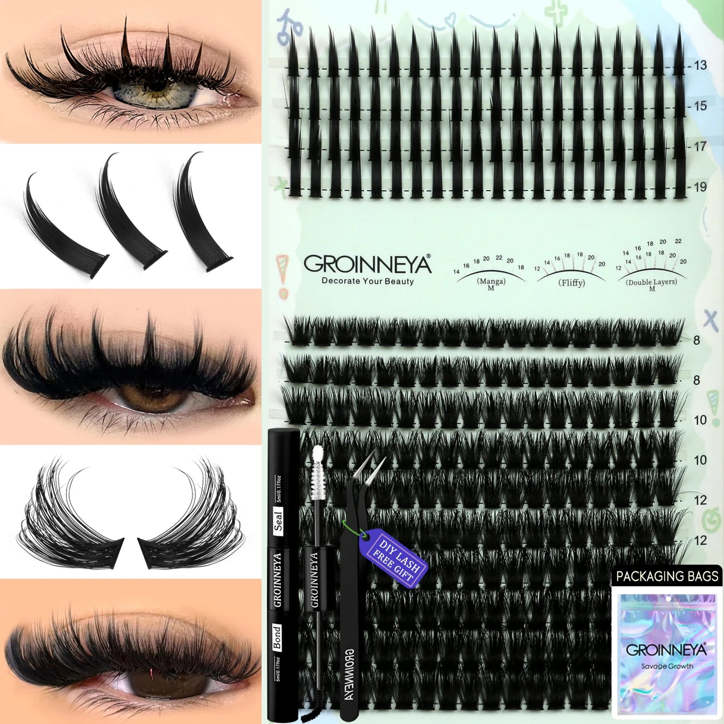 GROINNEYA Lash Clusters Kit – Spiky D-Curl Individual Lash Extensions with Bond & Seal for DIY Eyelash Application