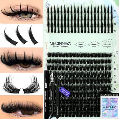 GROINNEYA Lash Clusters Kit – Spiky D-Curl Individual Lash Extensions with Bond & Seal for DIY Eyelash Application