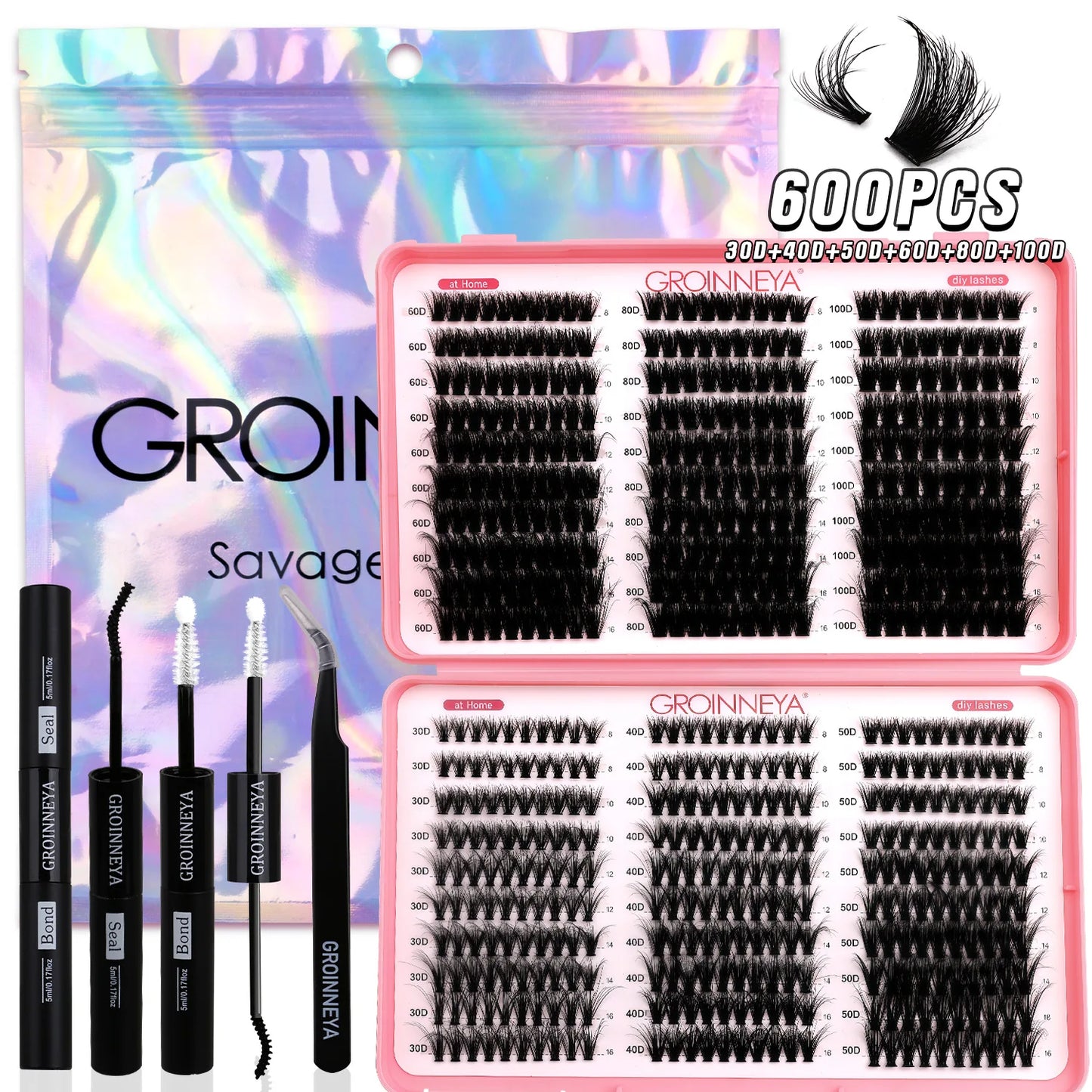 GROINNEYA DIY Lash Clusters Kit – Mixed Length Individual Eyelash Extensions with Bond & Seal, Tweezers Tool for At-Home Lash Application
