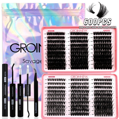 GROINNEYA DIY Lash Clusters Kit – Mixed Length Individual Eyelash Extensions with Bond & Seal, Tweezers Tool for At-Home Lash Application