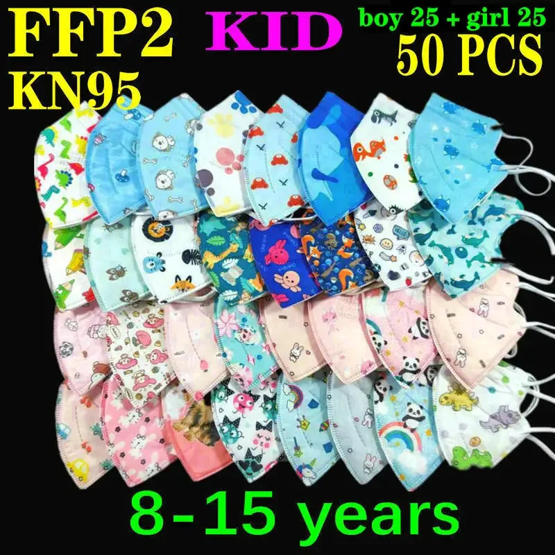 Kids KN95/FFP2 Face Masks – 5-Layer Protective Cartoon Design, Comfortable CE-Certified Disposable Masks for Boys & Girls (Ages 3–15)