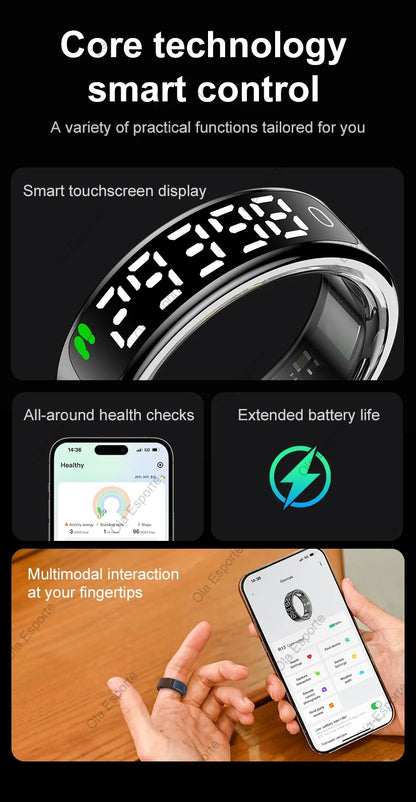 Smart Ring Health Fitness Tracker LED Touch Display Heart Rate Sleep Monitor Waterproof