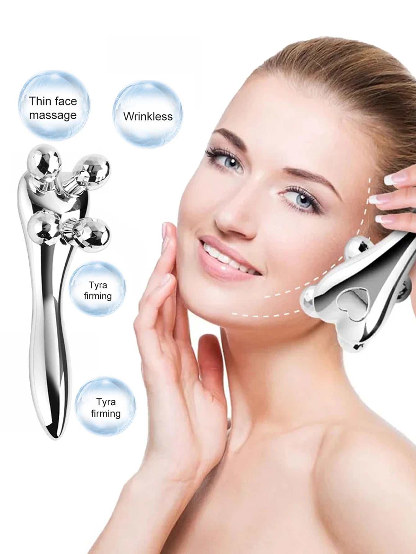 4D Y-Shaped Face-Lift Roller – Silver Facial Massager for Wrinkles, Eye, Neck & Muscle Relaxation