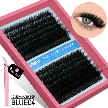 GROINNEYA DIY Fluffy Cluster Lashes Kit – Faux Mink Individual Eyelash Extensions, D-Curl Volume Mixed Tray for At-Home Lash Styling