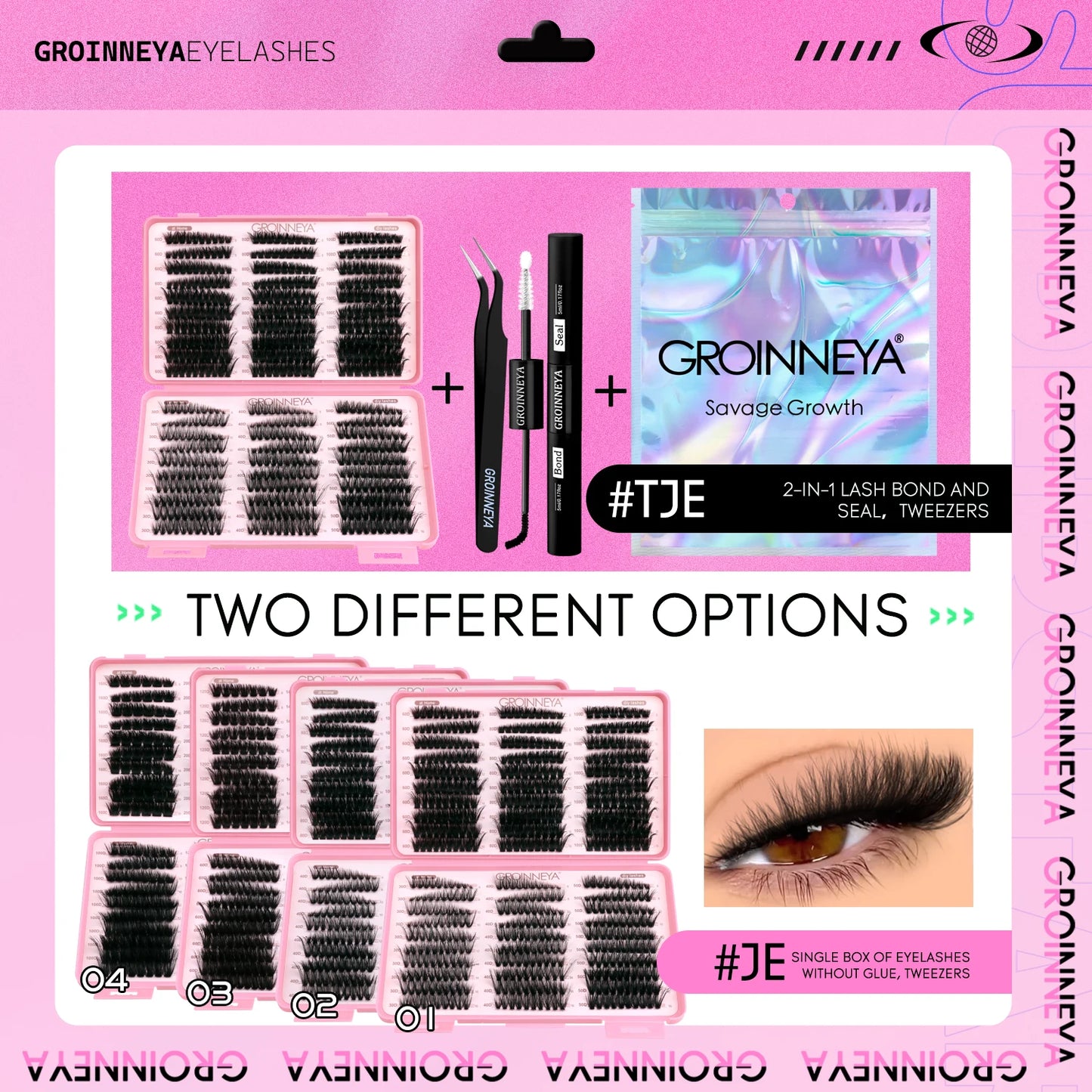 GROINNEYA Lash Clusters Kit – Cat Eye Cluster Eyelash Extensions with Lash Bond & Seal, DIY Large-Capacity Lash Kit