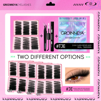 GROINNEYA Lash Clusters Kit – Cat Eye Cluster Eyelash Extensions with Lash Bond & Seal, DIY Large-Capacity Lash Kit