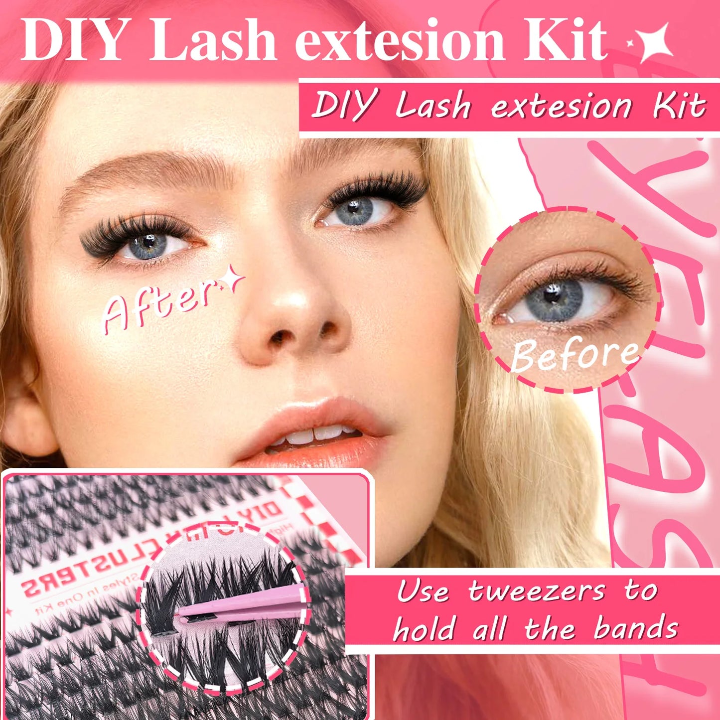 DIY Individual Eyelash Extension Kit 30D–80D – Reusable Cluster Lashes with Tweezers & Seal