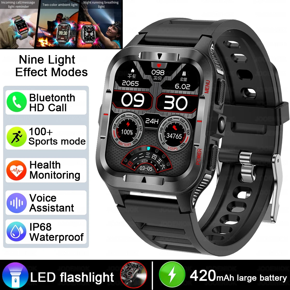 Men’s GPS Sports Smart Watch | Bluetooth Call | 480mAh Long Battery | LED Flashlight | 100+ Sport Modes | Life Waterproof