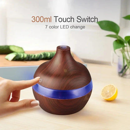 300ml Ultrasonic Aroma Diffuser & Cool Mist Humidifier – Essential Oil Aromatherapy Air Purifier for Home & Office (Wood Design)