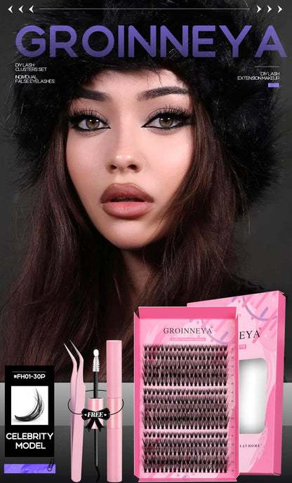 GROINNEYA DIY Lash Extension Kit – Cluster & Individual Lashes with Bond & Seal