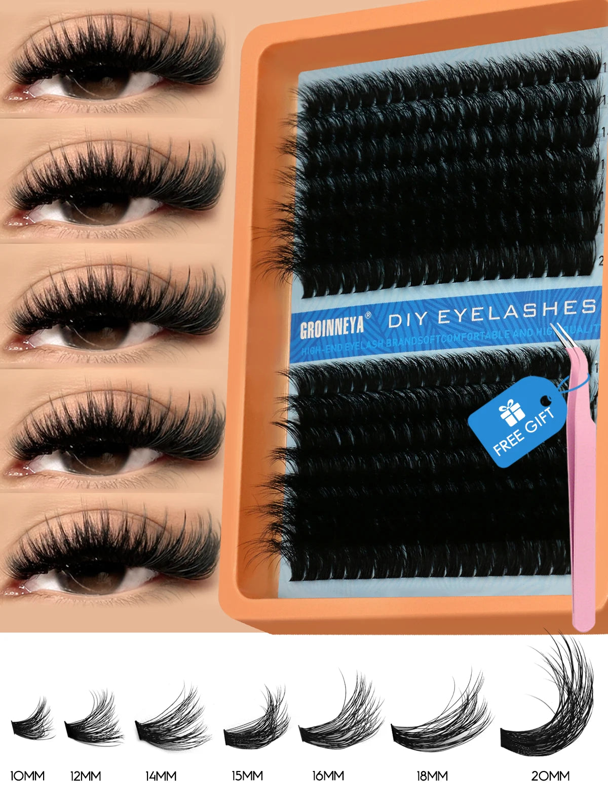 GROINNEYA DIY Fluffy Cluster Lashes Kit – Faux Mink Individual Eyelash Extensions, D-Curl Volume Mixed Tray for At-Home Lash Styling