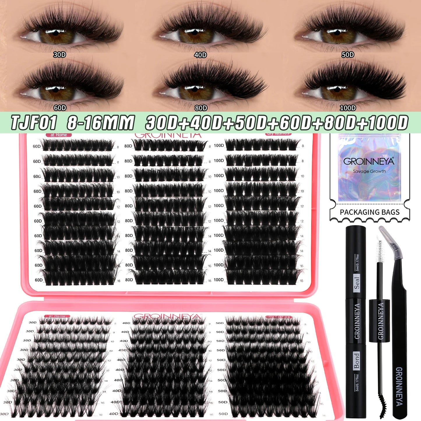 GROINNEYA DIY Lash Clusters Kit – Mixed Length Individual Eyelash Extensions with Bond & Seal, Tweezers Tool for At-Home Lash Application