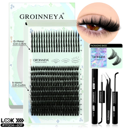 GROINNEYA Lash Clusters Kit – Spiky D-Curl Individual Lash Extensions with Bond & Seal for DIY Eyelash Application