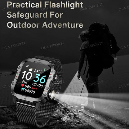 Outdoor Smart Watch Bluetooth Call LED Flashlight Fitness Tracker Android iPhone