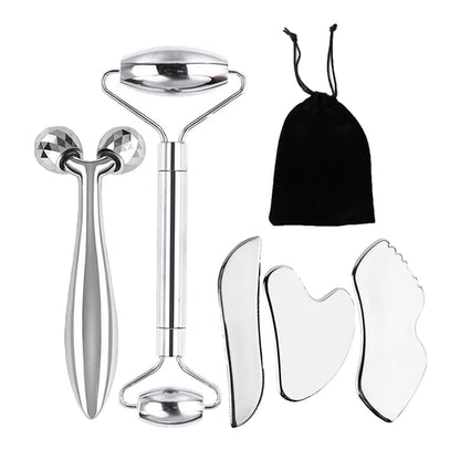 6-Piece Stainless Steel Facial Care Tool Set – Ice Roller, Gua Sha Scraper & Storage Bag
