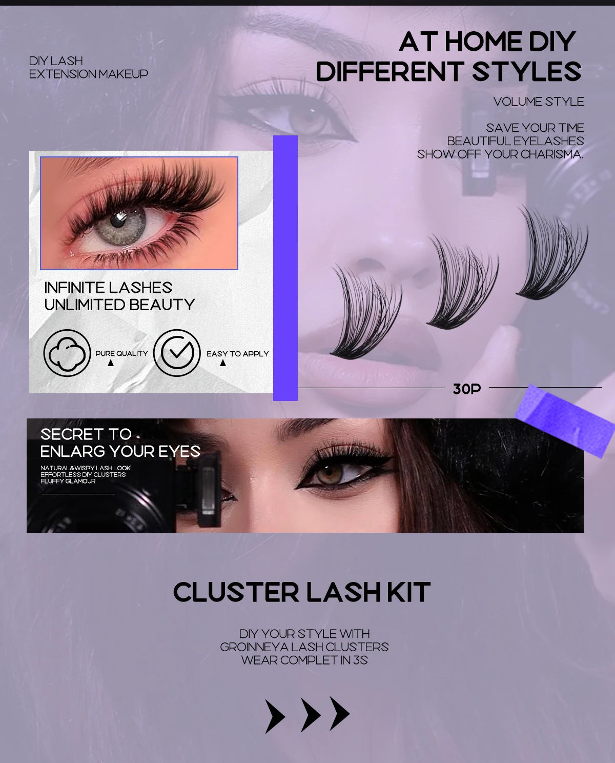GROINNEYA DIY Lash Extension Kit – Cluster & Individual Lashes with Bond & Seal