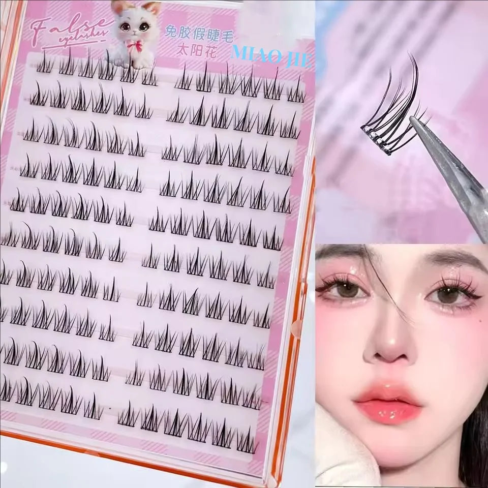 MIAOJIE No-Glue False Eyelashes – Easy 3-Step DIY Natural Look, Lightweight Reusable Lashes for Beginners, Sunflower Design