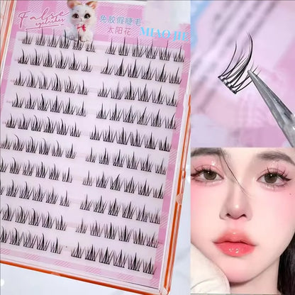 MIAOJIE No-Glue False Eyelashes – Easy 3-Step DIY Natural Look, Lightweight Reusable Lashes for Beginners, Sunflower Design