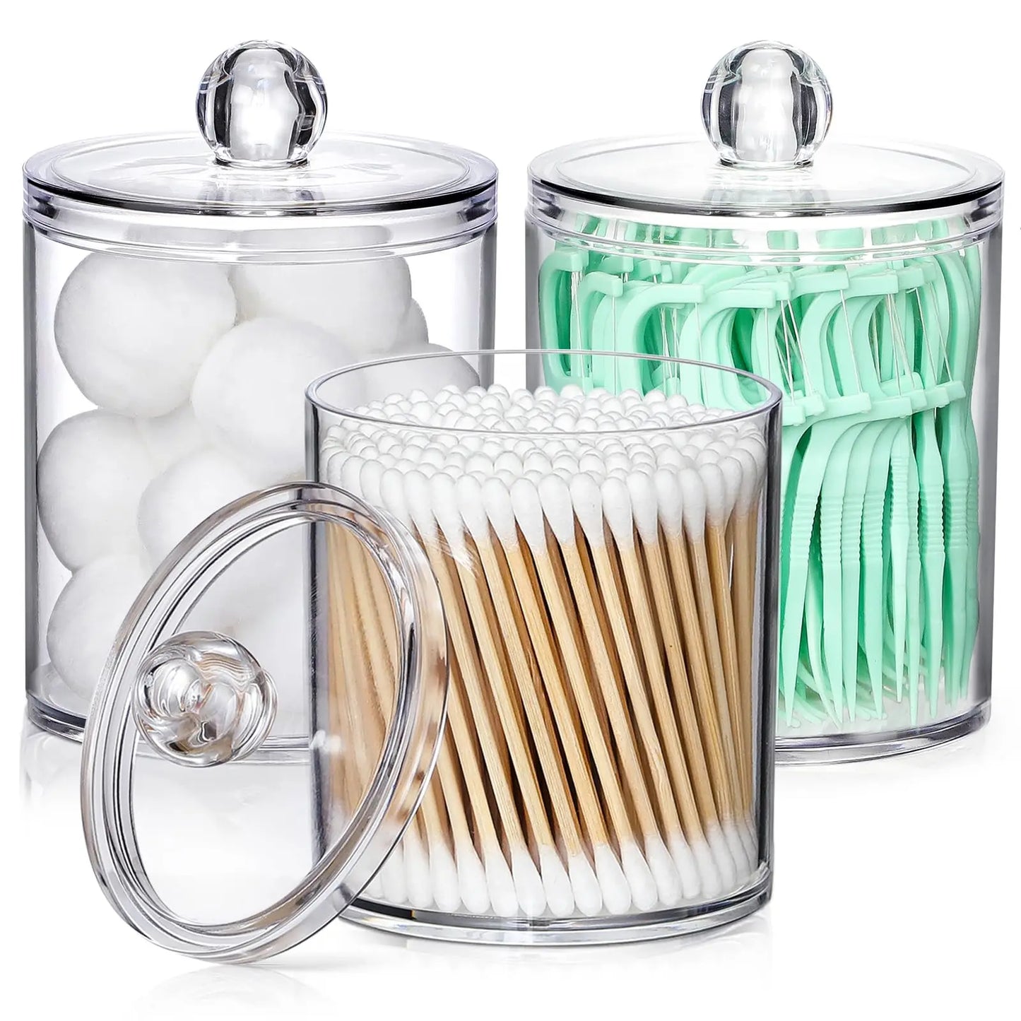 4 Pack Clear Acrylic Qtip Holder Dispenser – Cotton Swab, Ball, Pad & Floss Pick Storage Containers for Bathroom & Vanity Organizer