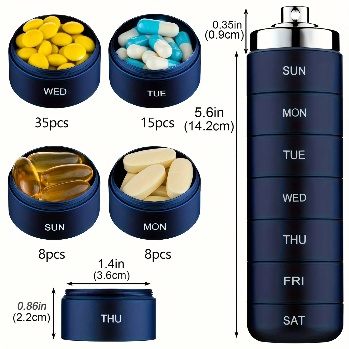 7pcs Metal Pill Organizer Set – Stackable Waterproof Travel Pill Box | Large Aluminum Alloy Portable Pill Case