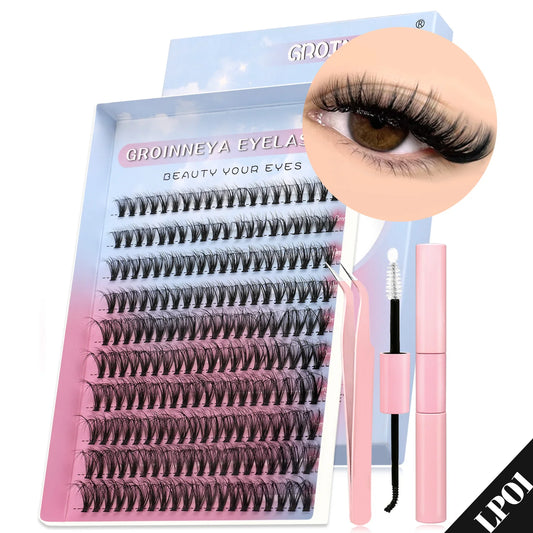 GROINNEYA DIY Lash Clusters Kit – 640PCS Cat-Eye Individual Eyelash Extensions with Bond & Seal for At-Home Lash Application
