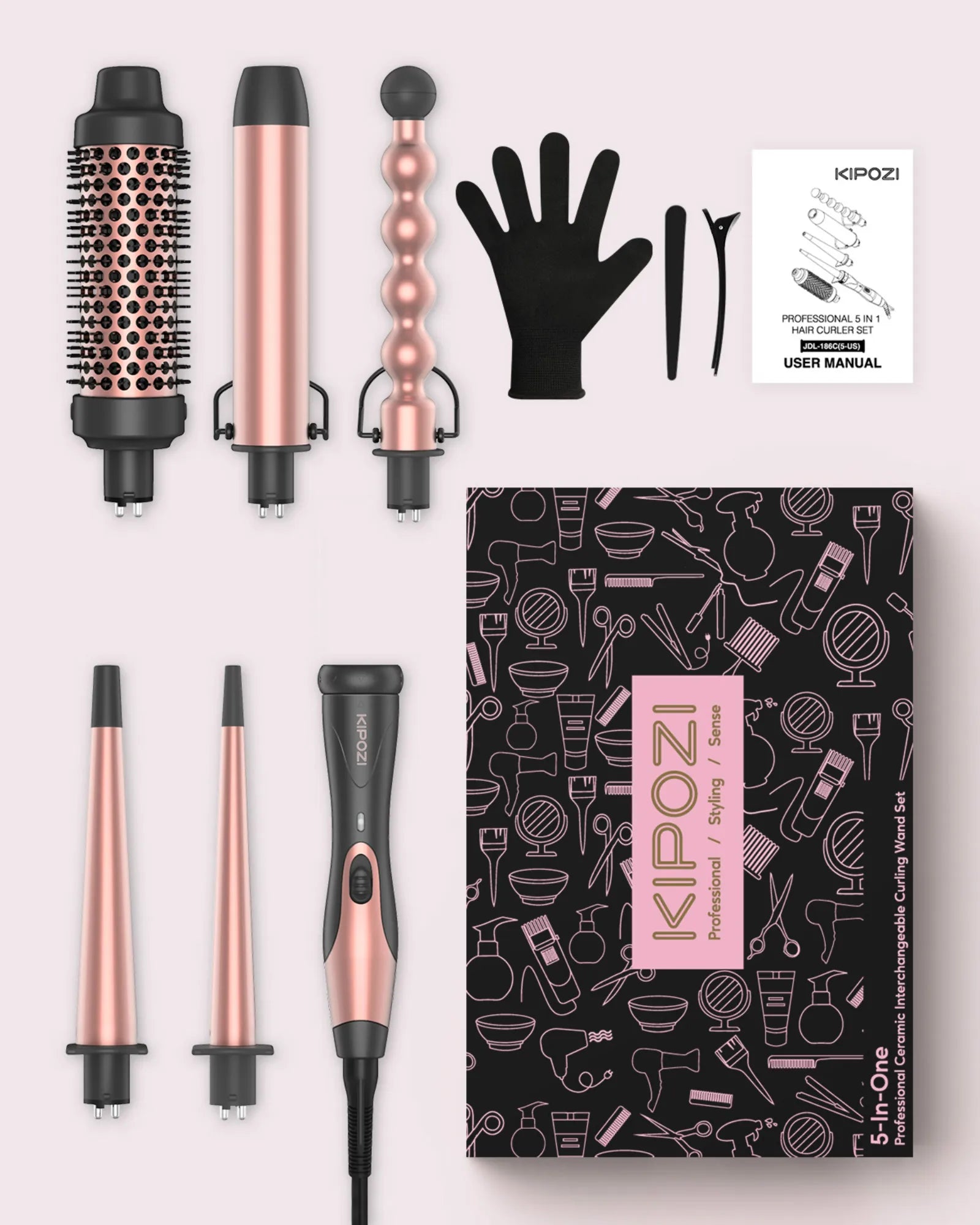 KIPOZI 5-in-1 Curling Iron Set Ceramic Hair Styler Hot Air Brush Dual Voltage
