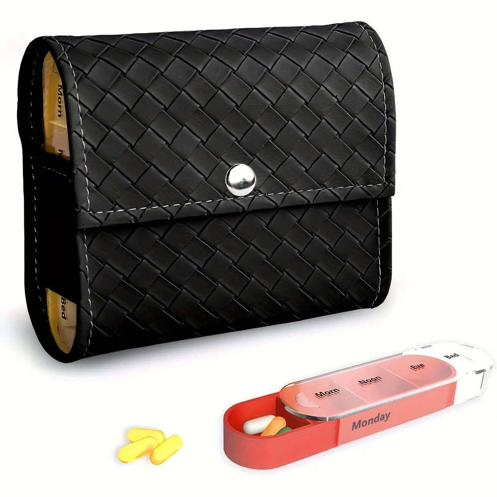 Weekly Pill Organizer with Leather Carrying Case – 7-Day AM/PM Pill Box | Travel Medication Storage Case