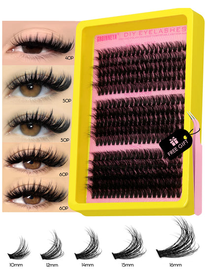 GROINNEYA DIY Fluffy Cluster Lashes Kit – Faux Mink Individual Eyelash Extensions, D-Curl Volume Mixed Tray for At-Home Lash Styling