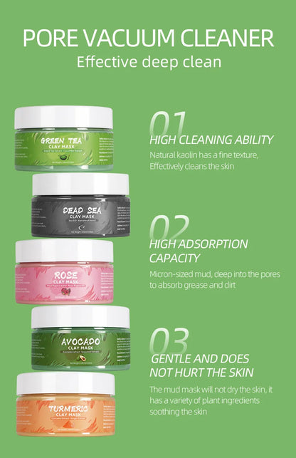 Turmeric, Green Tea, Rose & Avocado Clay Facial Mask – Hydrating, Brightening & Blackhead Removal Mud Skincare Treatment
