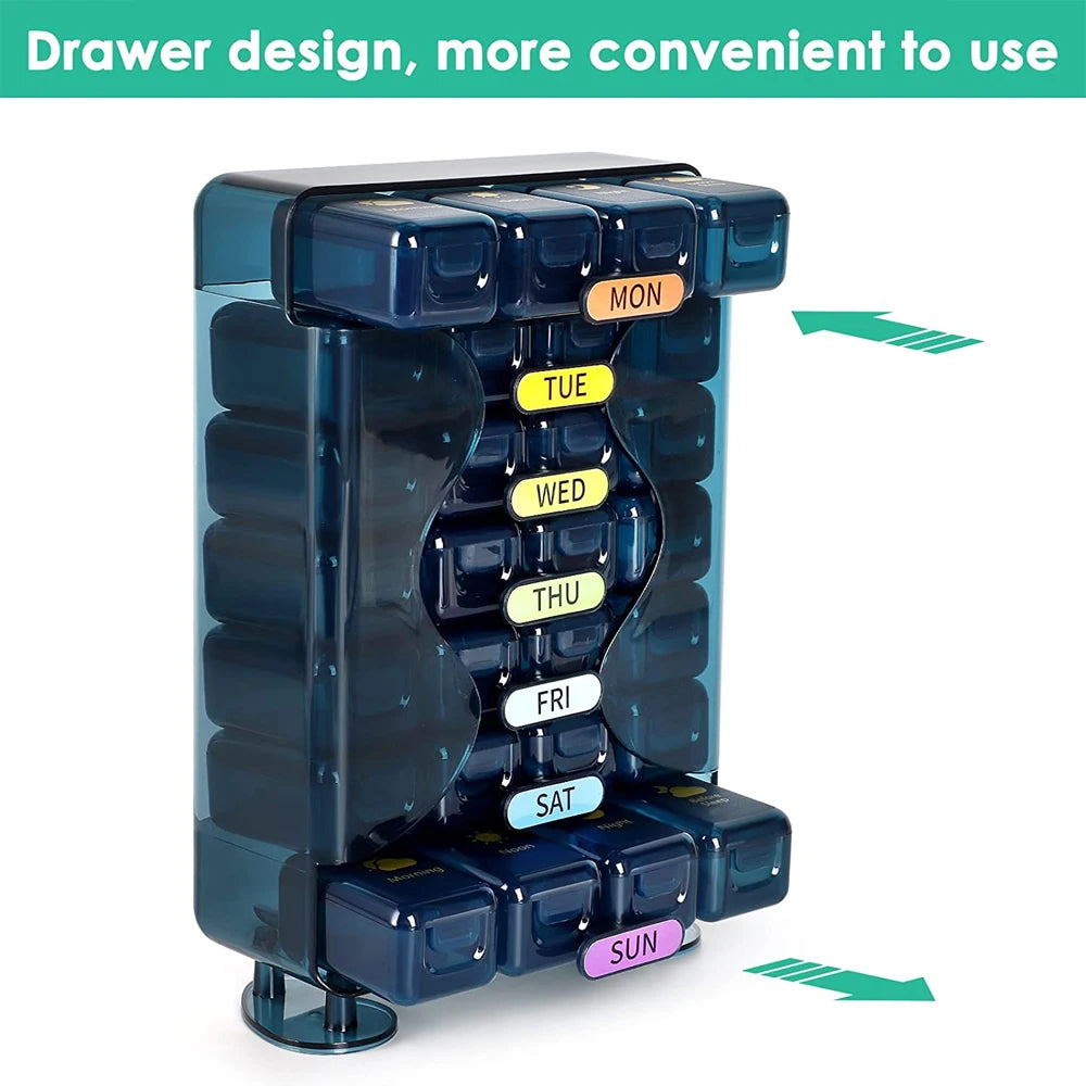 Weekly Pill Organizer 4 Times a Day – Large 7-Day Pill Box with Drawer Design | Travel Medication Case | BPA-Free Pill Storage