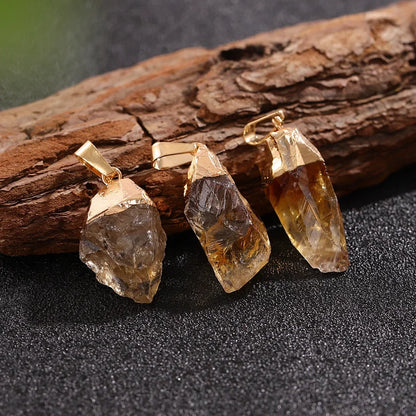 Natural Raw Citrine Crystal Pendant – Irregular Healing Stone with Gold-Plated Cap, Small Chakra Energy Charm for Jewelry Making