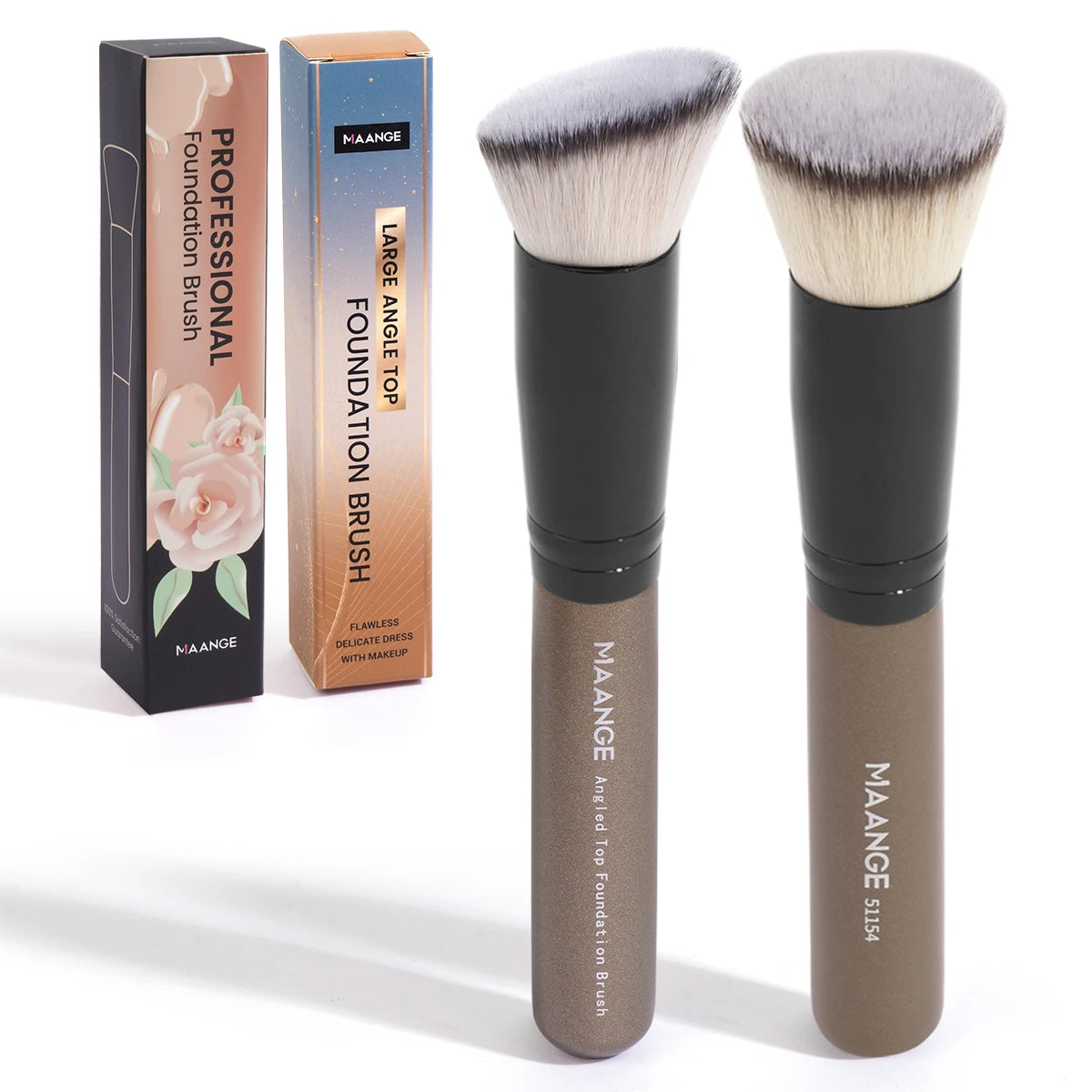 MAANGE 2PCS Foundation Makeup Brush Set – Flat & Angled Kabuki Brushes for Liquid, Cream & Powder, Soft Synthetic Bristles