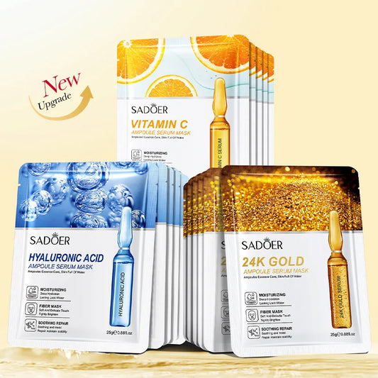 10-30 Pcs SADOER 24K Gold Vitamin C & Hyaluronic Acid Facial Masks – Moisturizing, Firming & Hydrating Skincare Treatment