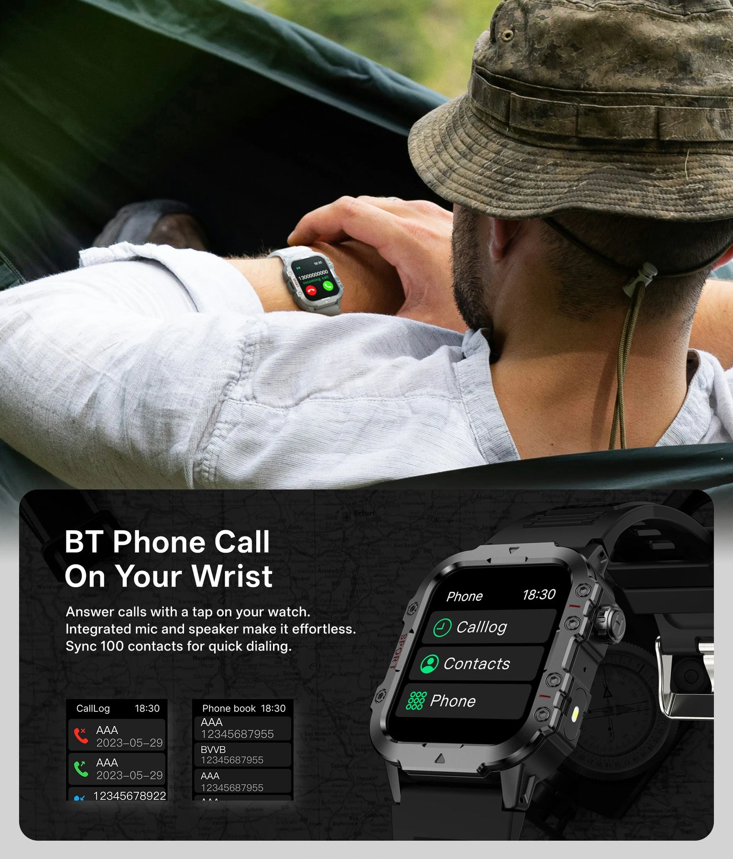 Men’s Military-Style Smart Watch | Bluetooth Call | Fitness & Activity Tracker | 1.44” Touch Screen | 3ATM Life Waterproof | Android & iOS