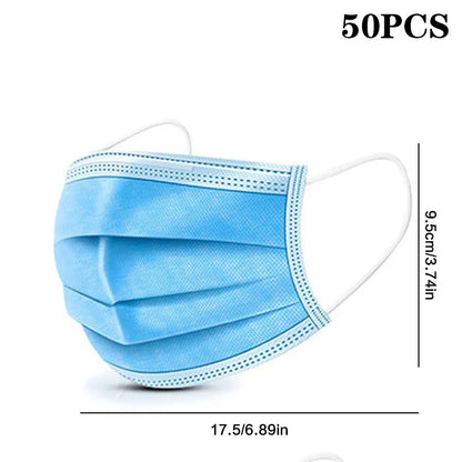 50PCS Disposable Face Masks – 3-Layer Non-Woven Breathable Masks with Soft Ear Loops | Black, Blue, White, Pink Color Options