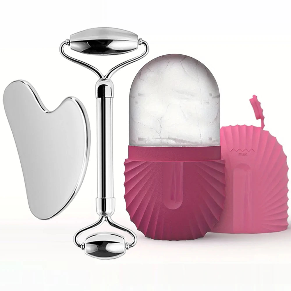 Stainless Steel Ice Face Roller & Gua Sha Set – Facial Massage & Skincare Tool Kit