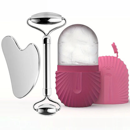Stainless Steel Ice Face Roller & Gua Sha Set – Facial Massage & Skincare Tool Kit