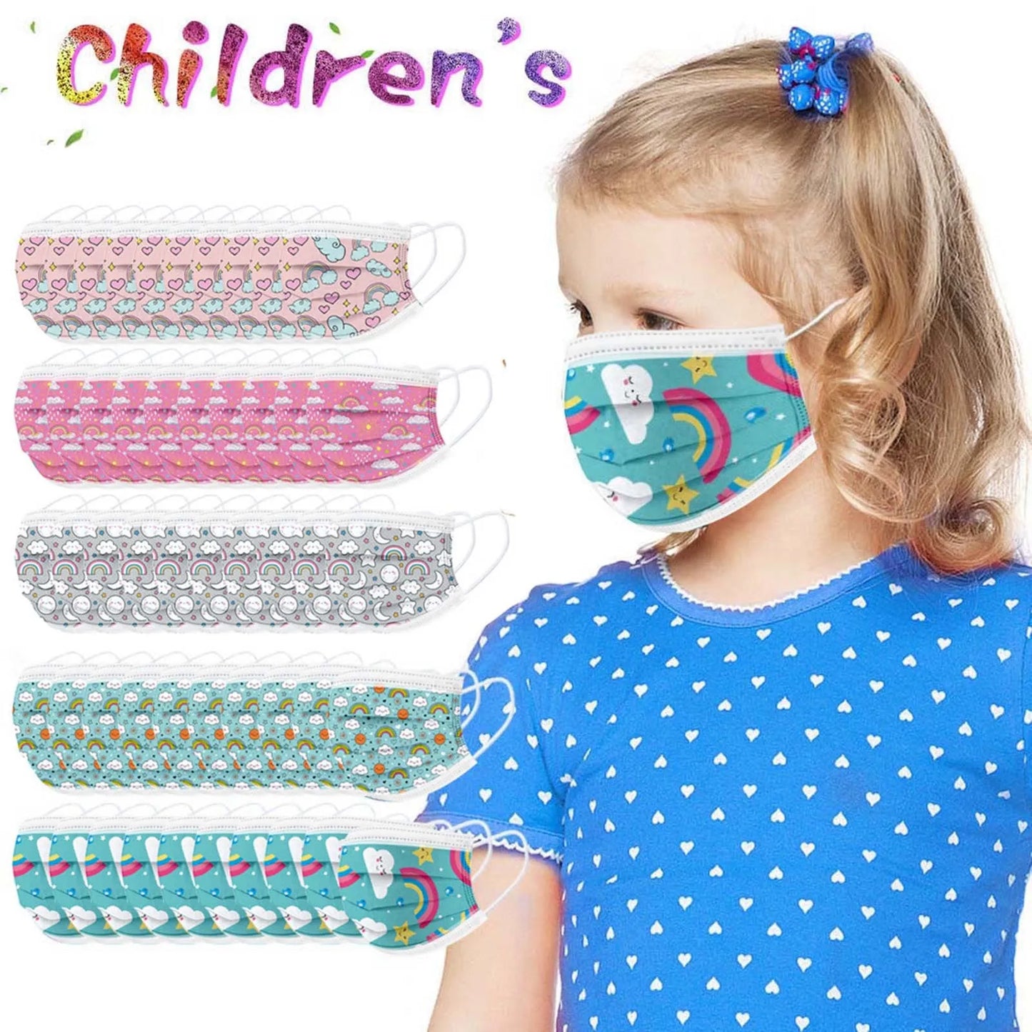 50PCS Kids Disposable Face Masks – 3-Ply Breathable Protective Masks with Soft Ear Loops | Comfortable & Safe for Sensitive Skin