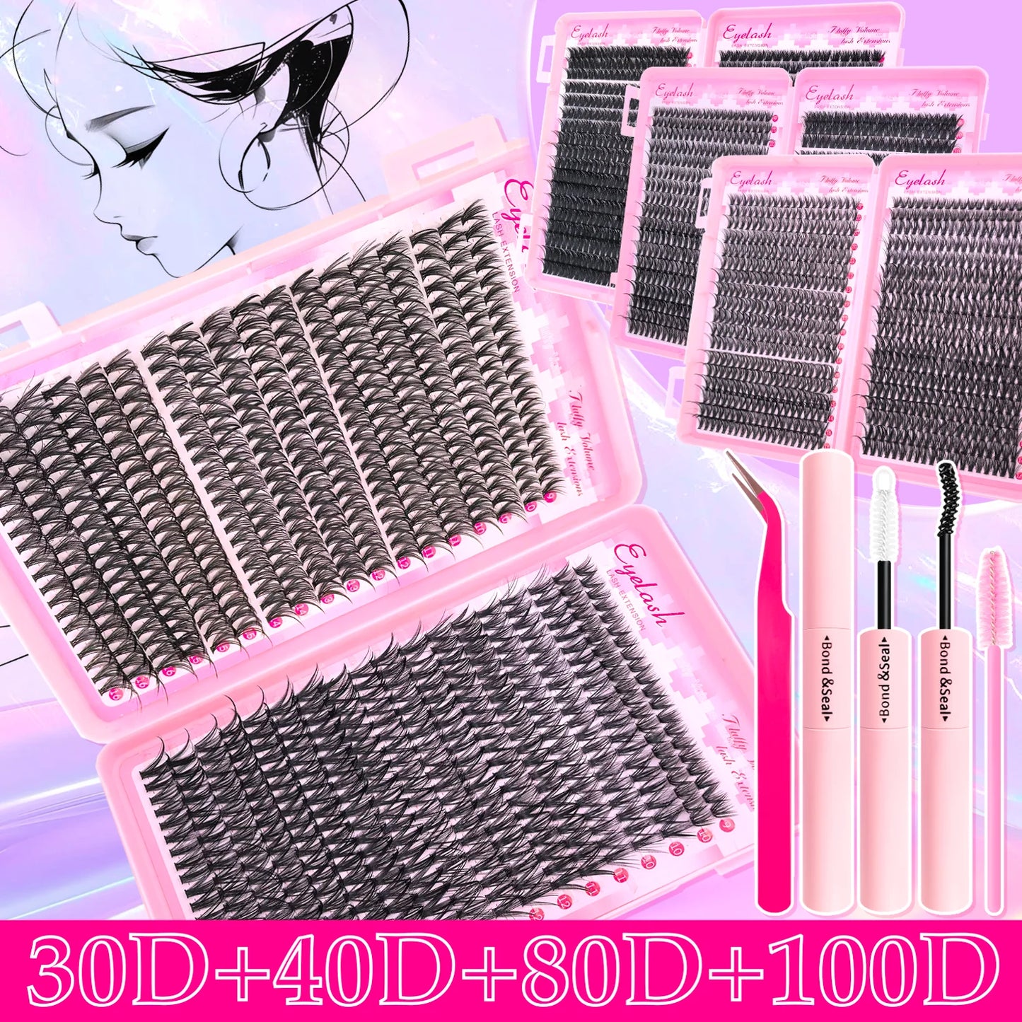 DIY Lash Extension Kit 200/720PCS Cluster Lashes w/ Bond Seal & Tweezers Wispy Set