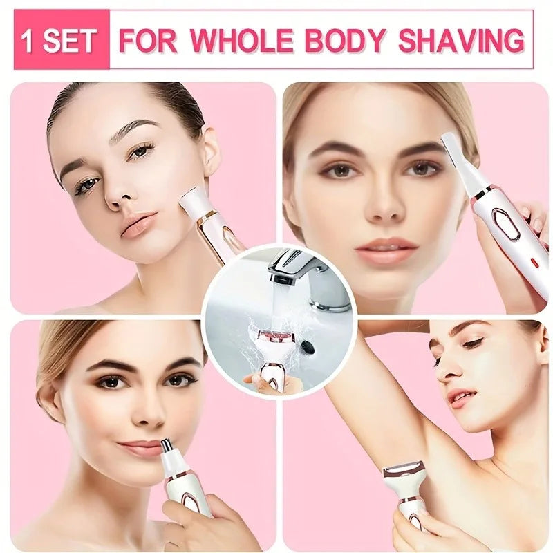 4-in-1 Rechargeable Electric Shaver for Women – Body, Bikini, Underarm, Face & Eyebrow Trimmer, Portable Hair Removal Razor