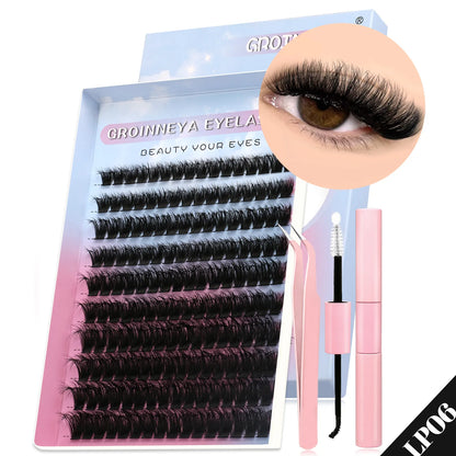 GROINNEYA DIY Lash Clusters Kit – 640PCS Cat-Eye Individual Eyelash Extensions with Bond & Seal for At-Home Lash Application