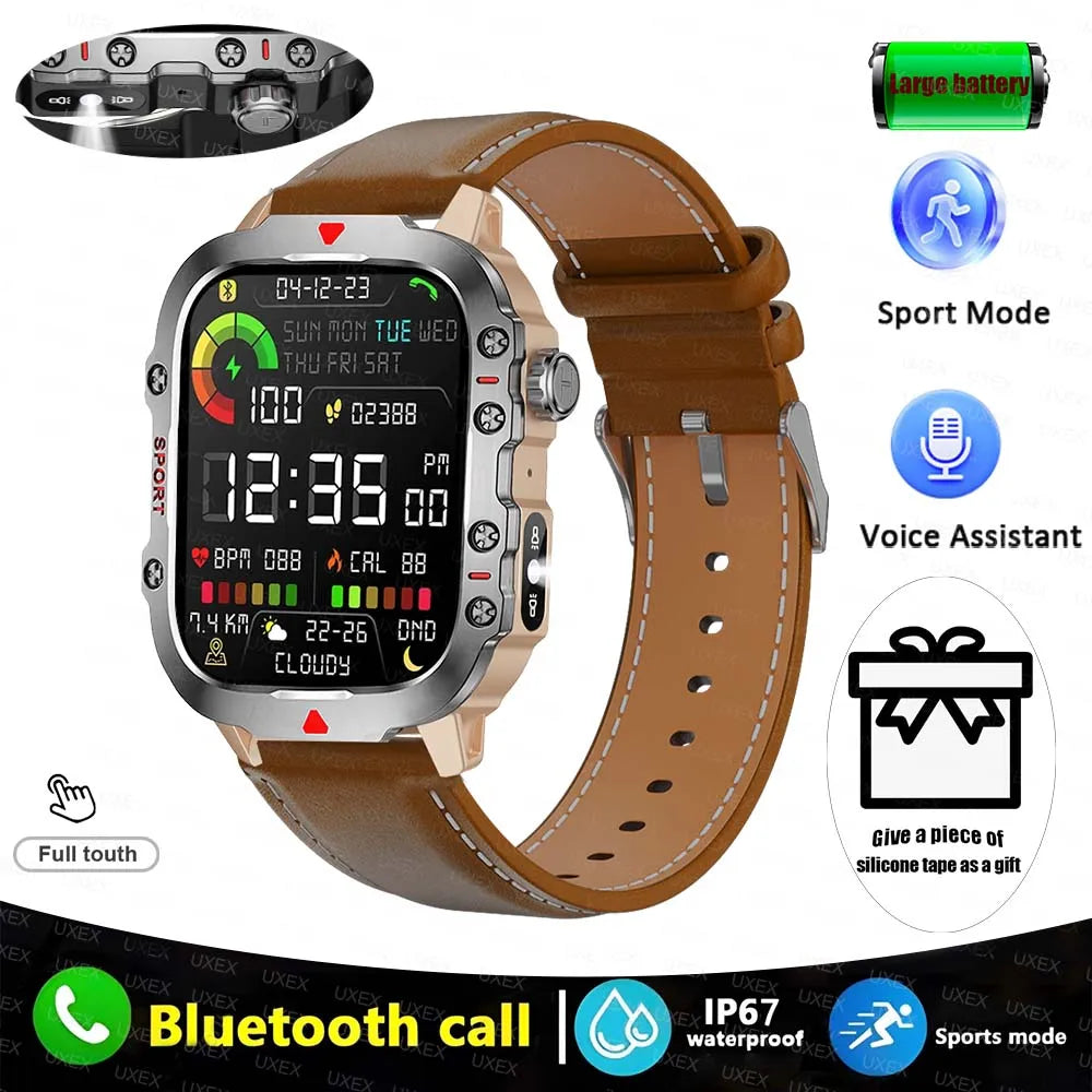 Rugged Men’s Bluetooth Call Smart Watch with Flashlight – 2.01” Outdoor Sports Fitness Watch for Android & iOS