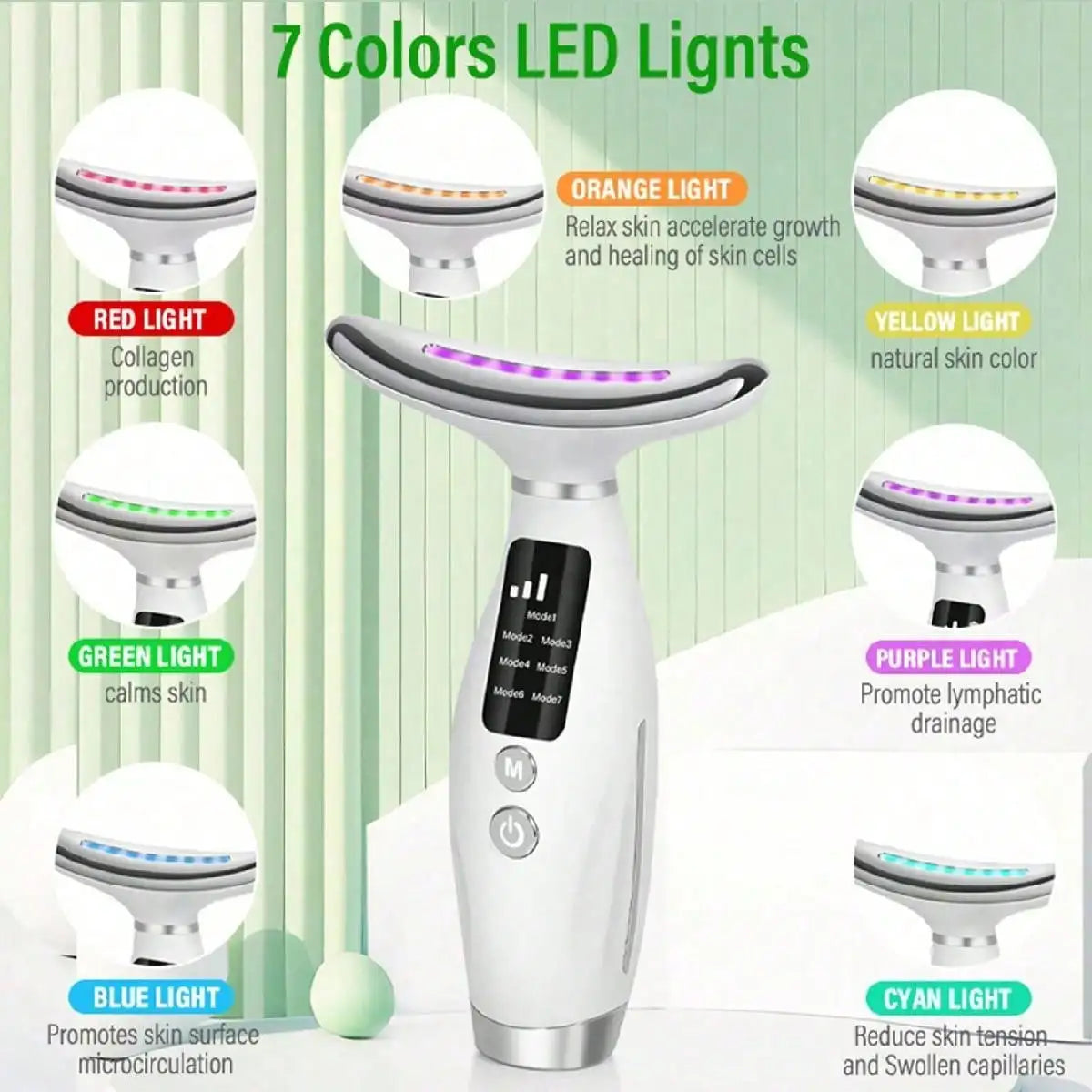 7-Color LED Light Therapy Face & Neck Beauty Device – 7 Modes, 7 Speed Settings, Ergonomic Curved Handle