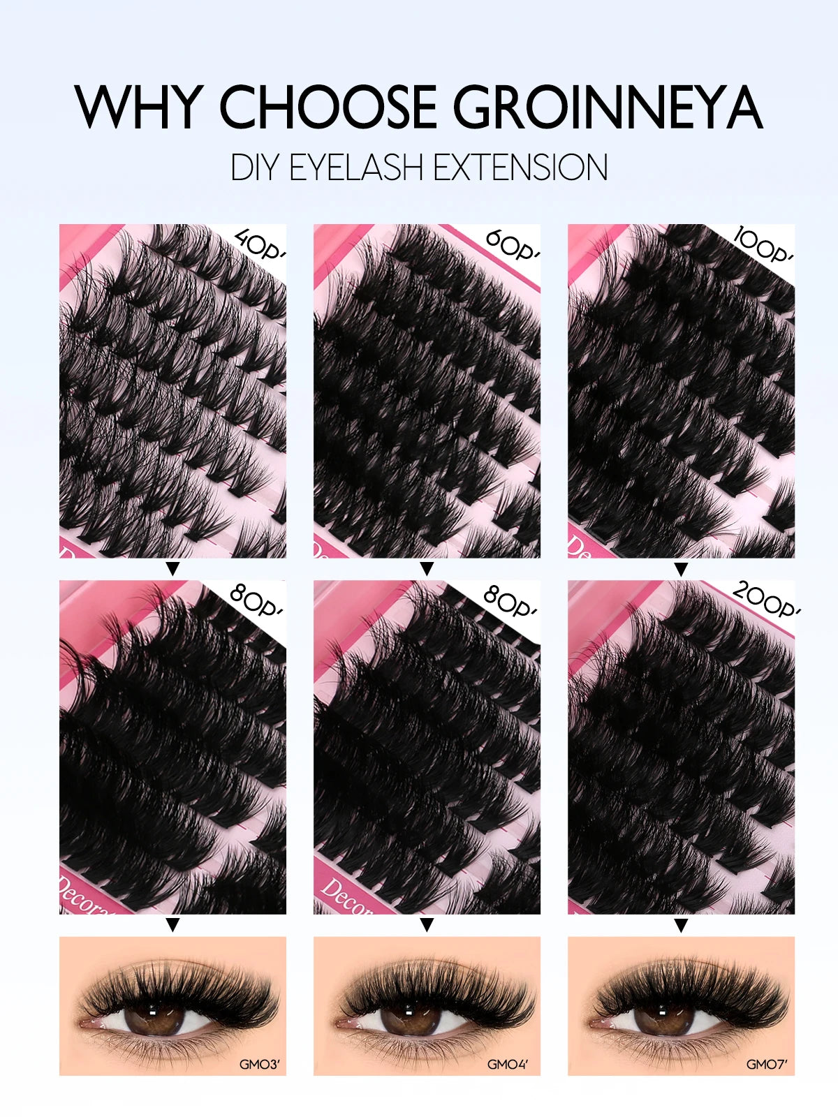 GROINNEYA DIY Lash Clusters Kit – 640PCS Cat-Eye Individual Eyelash Extensions with Bond & Seal for At-Home Lash Application