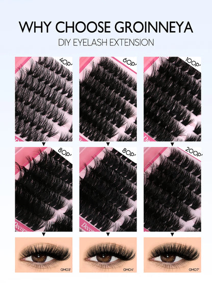 GROINNEYA DIY Lash Clusters Kit – 640PCS Cat-Eye Individual Eyelash Extensions with Bond & Seal for At-Home Lash Application